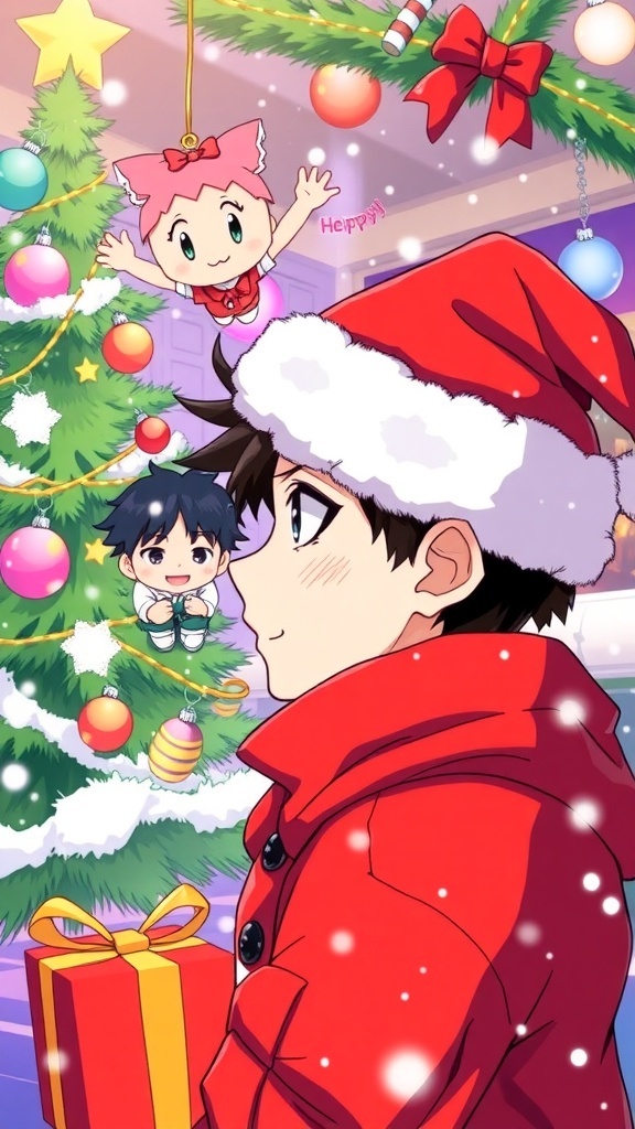 Mob Psycho 100 characters celebrating Christmas with festive decorations.